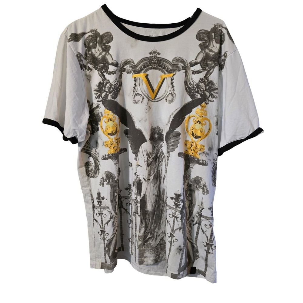 V1969 Italia Men XL Ringer T-Shirt White Black Gold Graphic Statue Print Logo